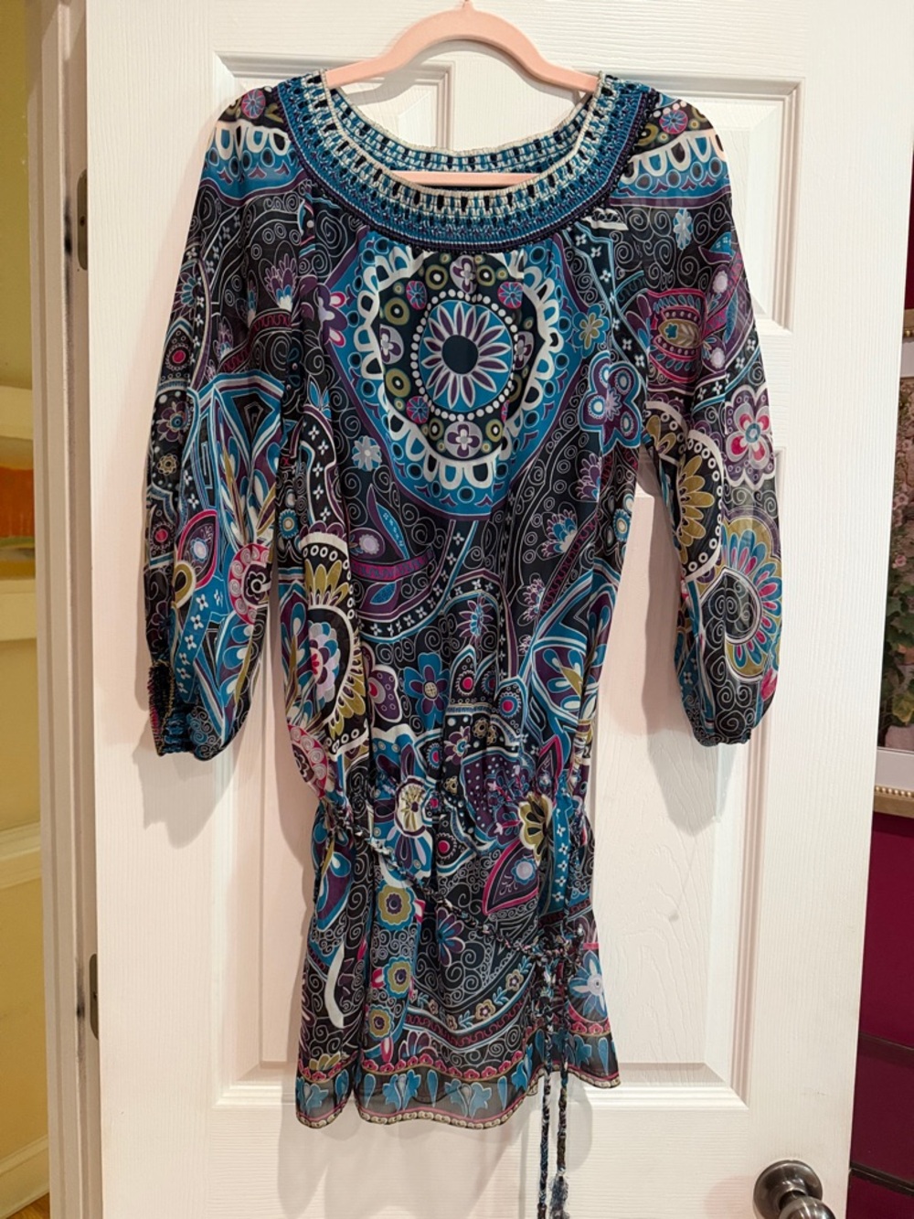 Ice Paisley Smocked Neck Long Sleeve Tunic in Teal, Black & Pink